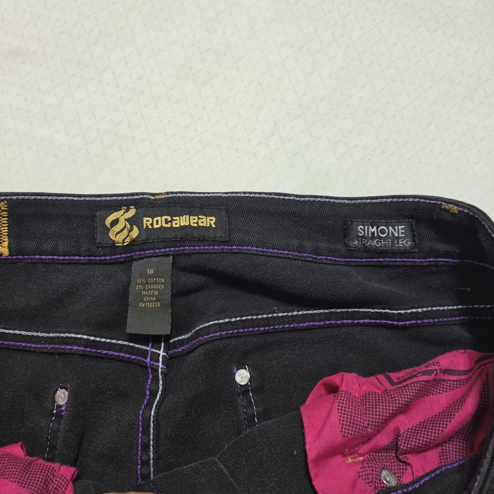 Vintage ROCAWEAR Jeans Dark Blue Size 18 Streetwear Y2K Purple Stitch - Picture 4 of 13